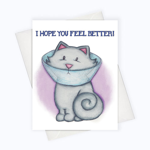 Feel better Cat Greeting Card Cone of shame illustration