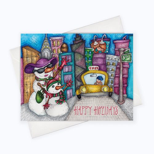 TAXI HOLIDAY CARD | City Holiday Greeting Card | Holiday Stationery | Christmas Card | Snowman Card