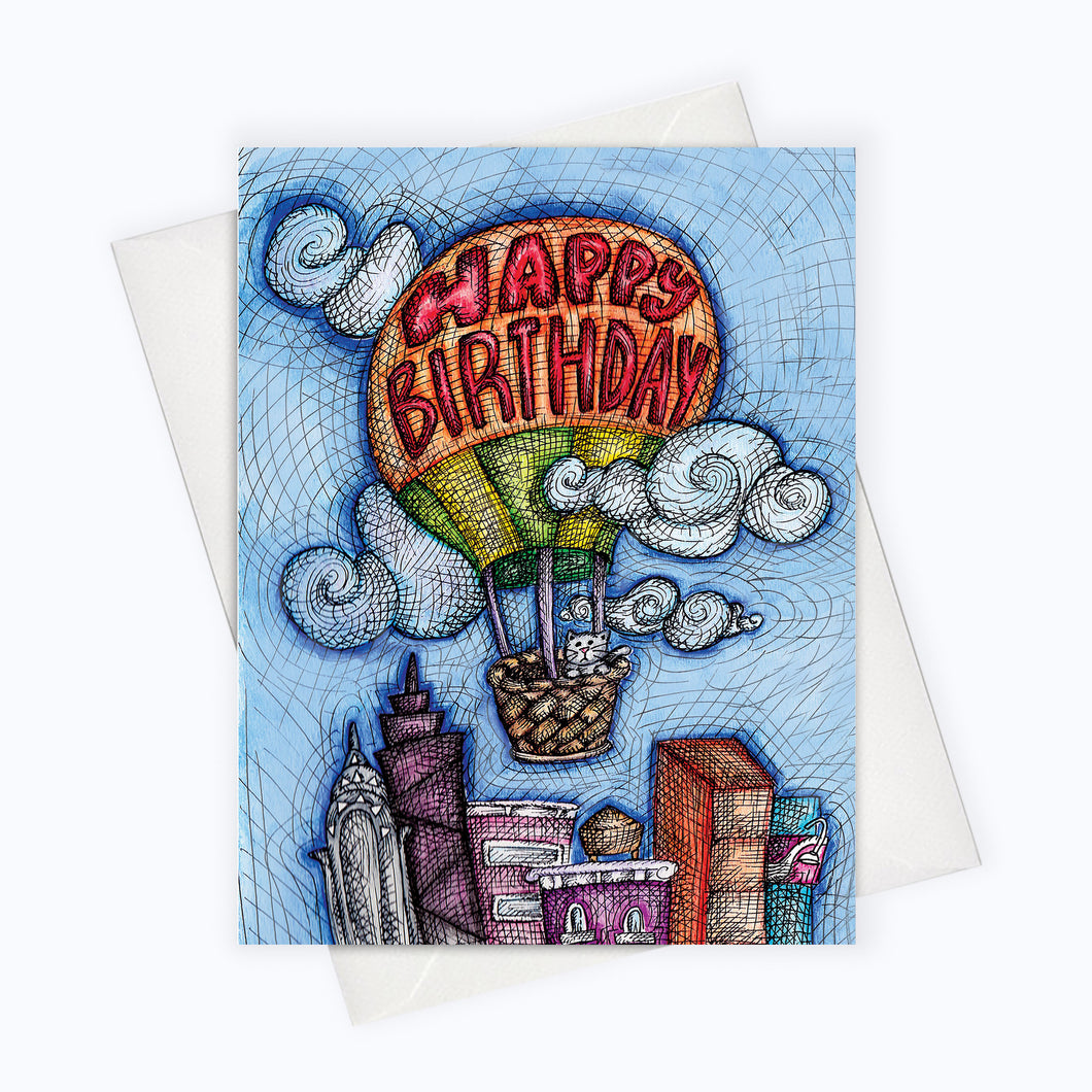 CITY CAT BIRTHDAY Greeting Card | Hot Air Balloon Birthday Card | Skyline Birthday Card | Birthday Stationery | Happy Birthday Greeting Card