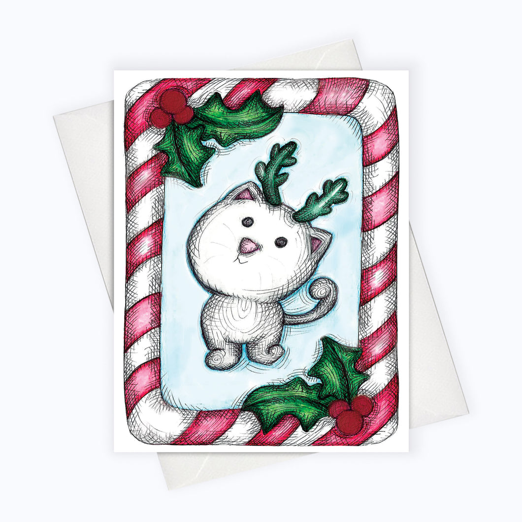 Candy cane cat card cute Holiday card for cat lovers | Christmas Cat | Christmas Card