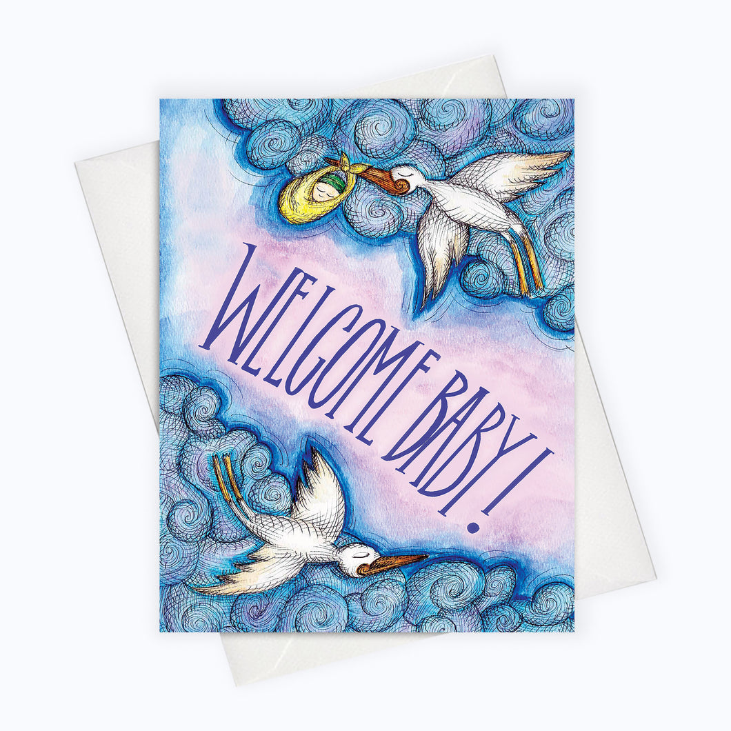 Stork baby card new parents greeting card