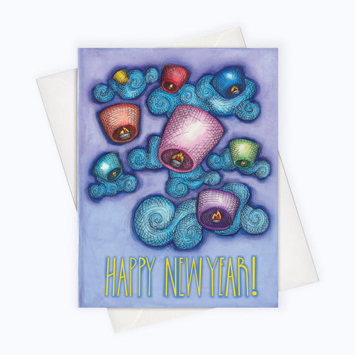 New Years Eve Card Floating lamps Happy 2020 card