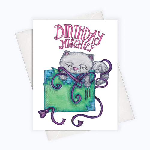 CAT BIRTHDAY CARD - Cat Mischief Birthday Greeting Card