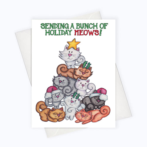 bunch of cats on a christmas tree cat holiday card saying 
