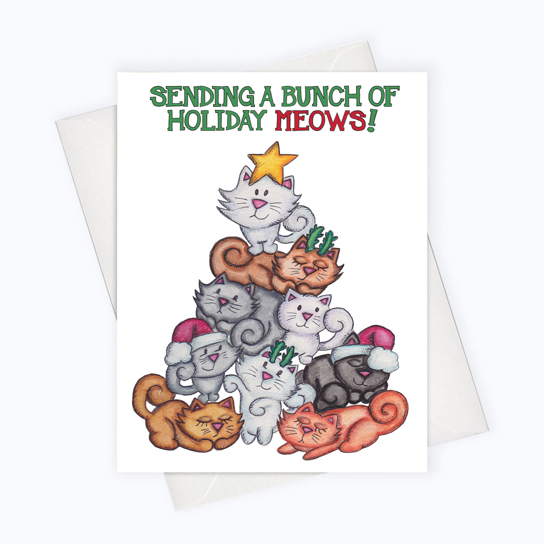 bunch of cats on a christmas tree cat holiday card saying 