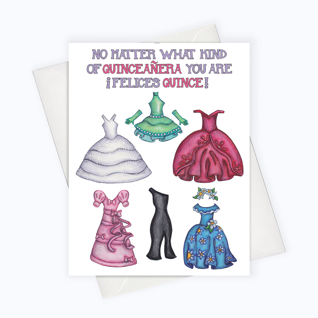 Quinceañera dresses or quinceanera dresses on felices quince card. Latina power card