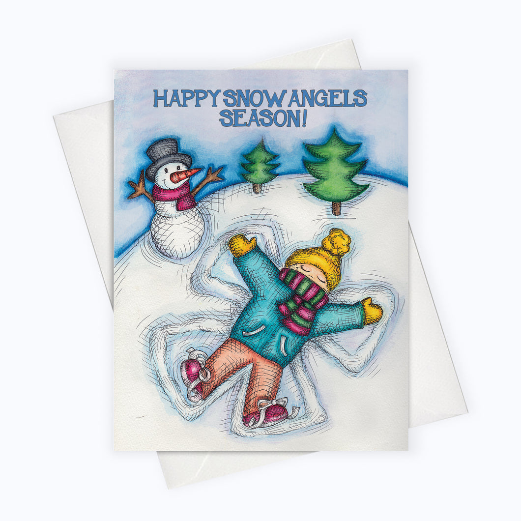 Winter Holidays Card Christmas Card Snow Angels Illustration Snow Day Card